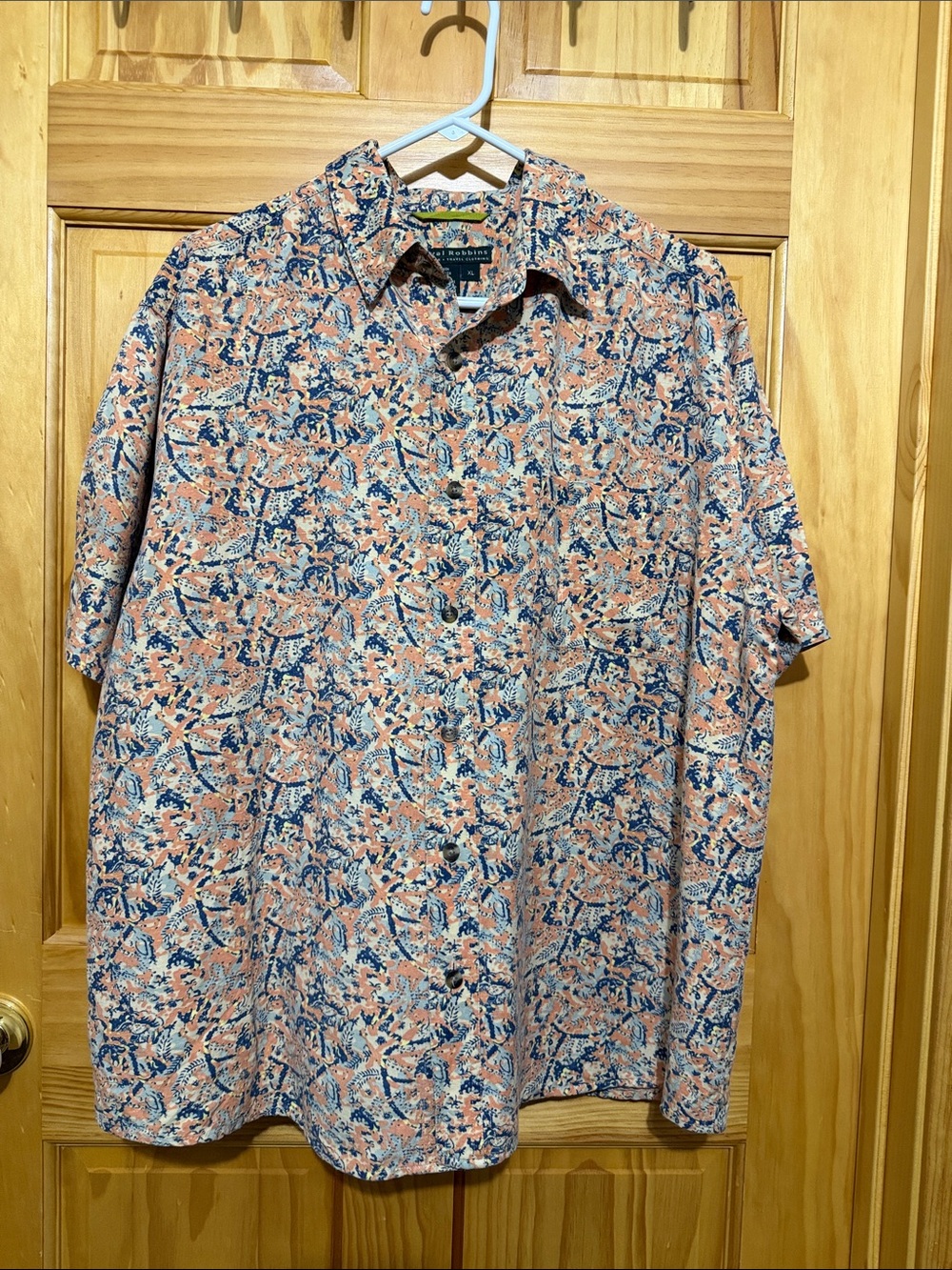 Vintage Royal Robbins Coral & Blue Linen Blend Short-Sleeve Button-Down Shirt XL